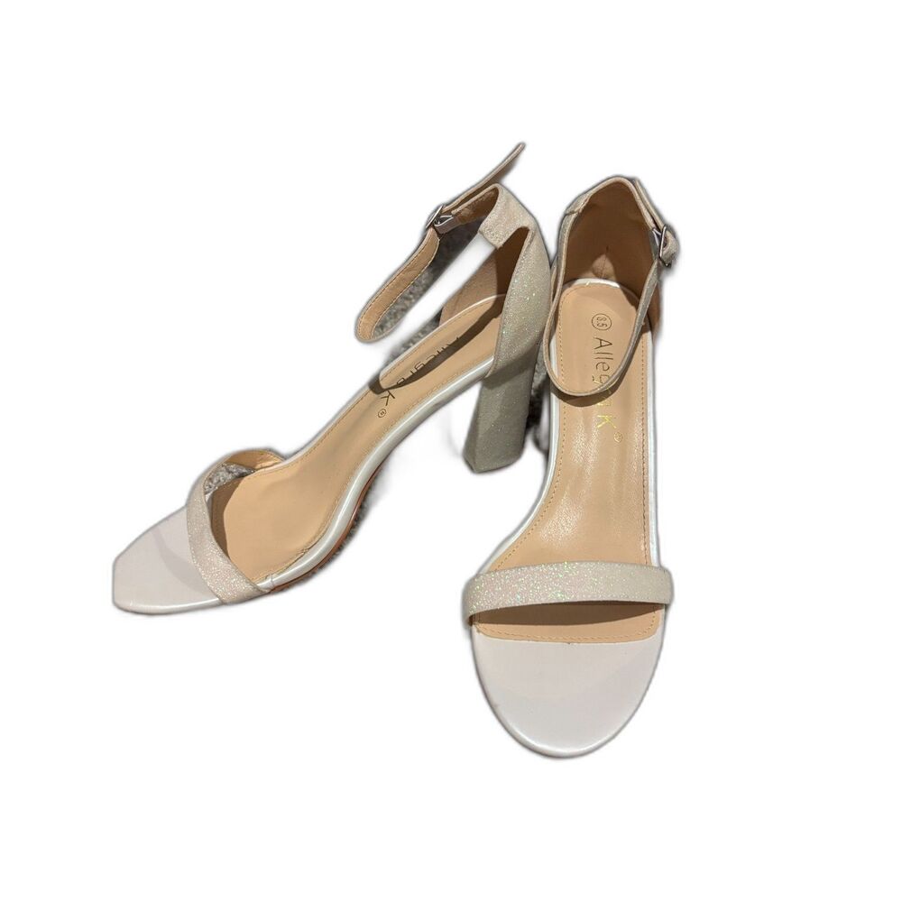 Allegra K womens 8.5 white glitter ankle strap block heel sandals open toe heel